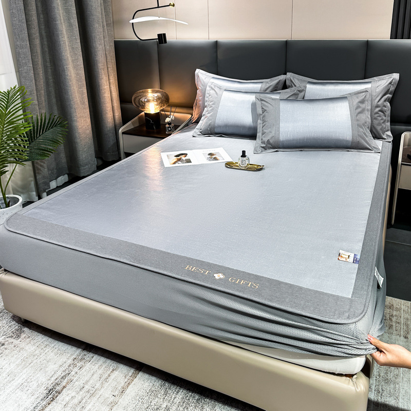 高端纯色冰丝席三件套床笠款水洗夏季凉感折叠空调凉席高密席