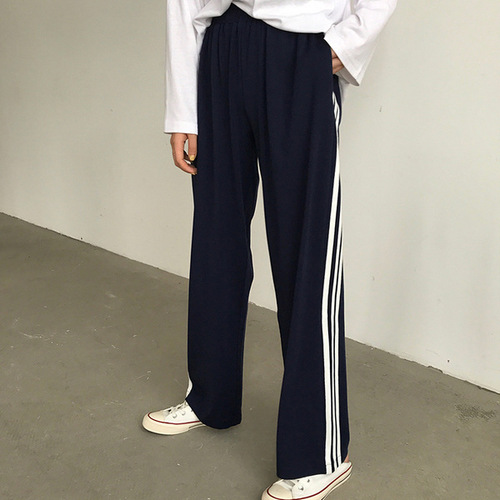 Summer Striped Casual Sporty Pants for Girls, Ins Trendy Loose and Slimming Wide Leg Pants, Short Figures Straight Leg Pants