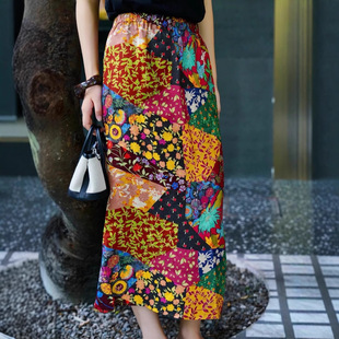 Nanyou New Chinese Style National Style Rayon Fragrant Cloud Yarn Elastic Waist Hem Single Side Slit Skirt Retro Elegant Skirt