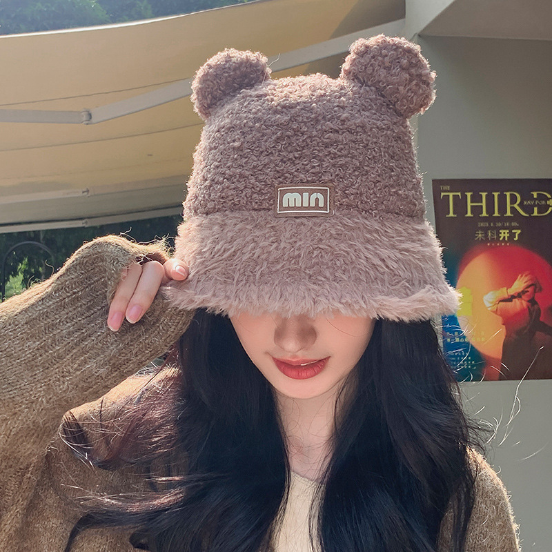 Nueva moda coreana de cordero sombrero de peluche para mujeres otoño y invierno caliente retro versátil más vello grueso sombrero de bañera muestra cara pequeña