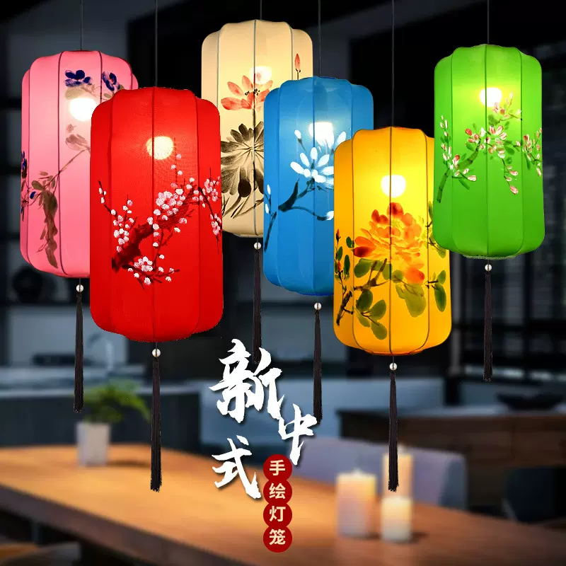 批发中式布艺手绘灯笼餐厅茶楼景区过道装饰创意冬瓜布艺手绘吊灯