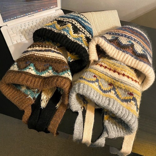 Retro Fair Isle Knit Baraklava Hat for Girls, Autumn/Winter Warm Weather, Keeps Face Small, Knitted Wool Hat, Grey