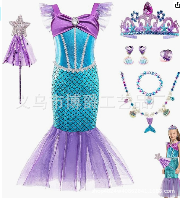 Collar de princesa sirena para niños Pulsera de perlas de concha Varita mágica para niños Accesorios de hadas para niños Traje de rol