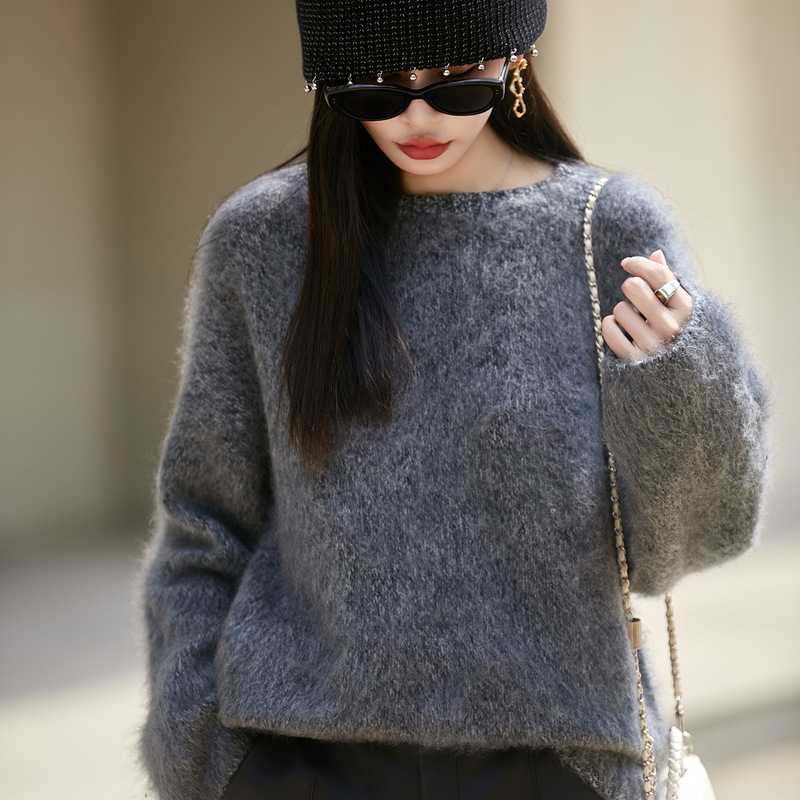 法式无缝花纱拉绒羊毛衫女宽松慵懒毛衣2025秋冬打底衫女装上衣|undefined