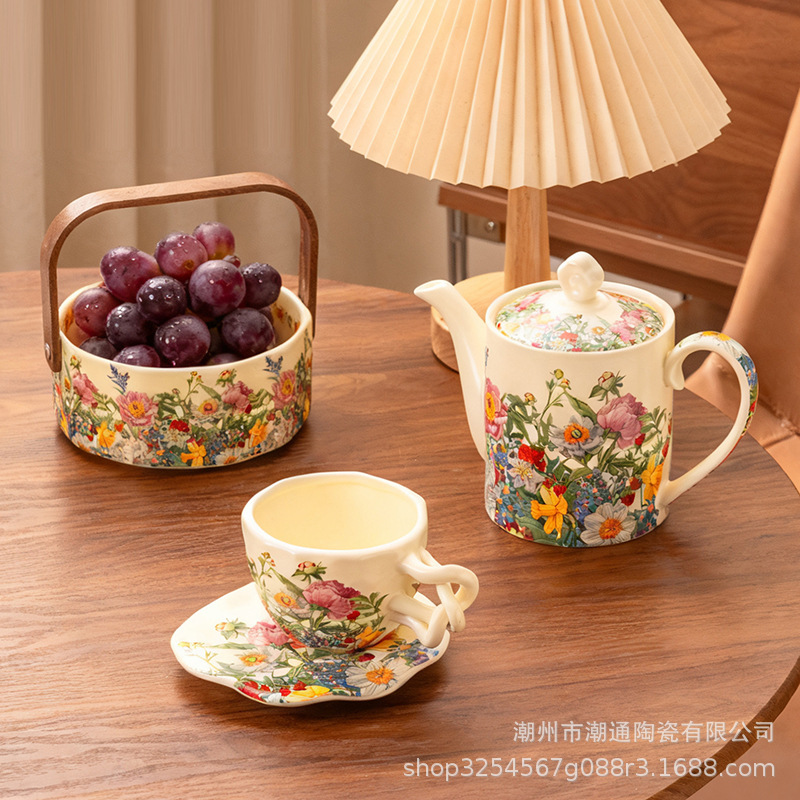 Pastoral Style Ceramic Household Cold Water Kettle Coffee Cup and Saucer Afternoon Tea Cup Teapot Fruit Basket Set Drinking Cup
