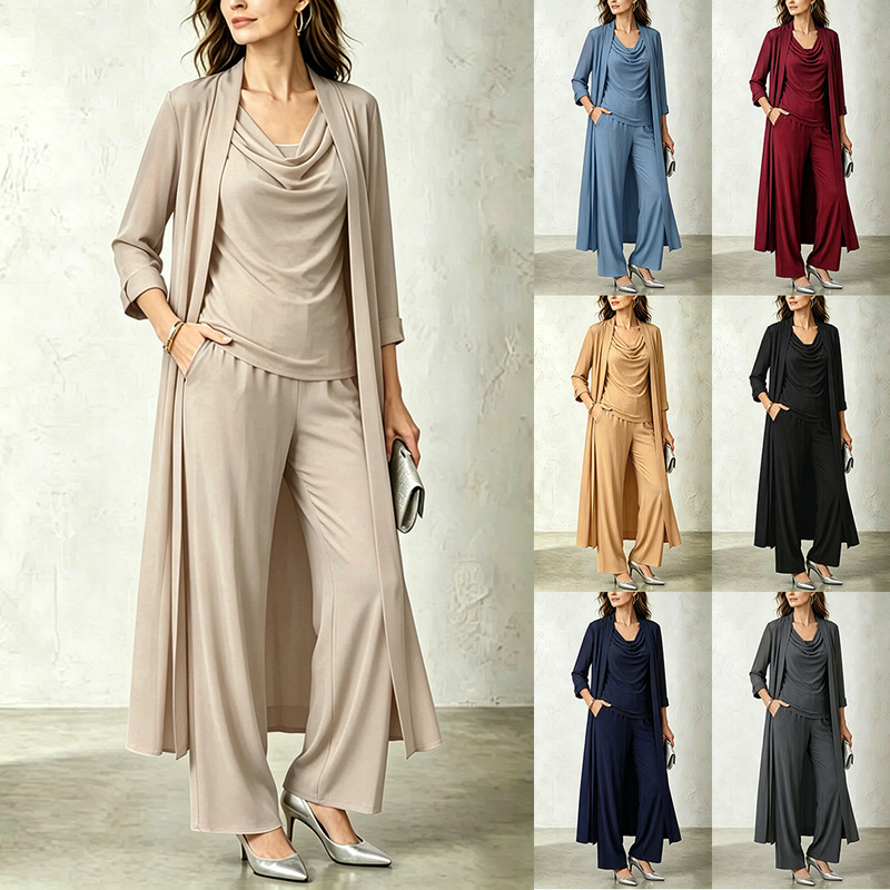 European and American Cross-Border Foreign Trade Women's Clothing Spring and Autumn Minimalist Style Long-Sleeve Draped Collar Top Long Cardigan Jacket Long Pants Three-Piece Set European and American Cross-Border Foreign Trade Women's Clothing Spring and Autumn Minimalist Style Long-Sleeve Draped Collar Top Long Cardigan Jacket Long Pants Three-Piece Set