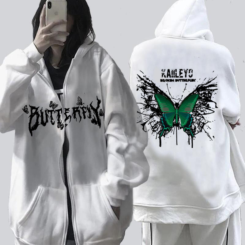 2022 Yeni Trend Fermuarlı Sweatshirt Gotik Stil Kelebek Baskılı Kapüşonlu Polar Ceket_voghion.com