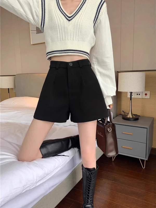大码毛呢短裤女秋冬新款字休闲阔腿裤斤胖妹妹外穿靴裤显腿长黑色|undefined