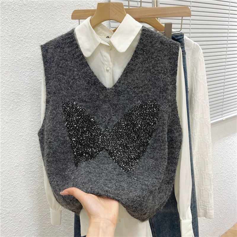 Qadın üçün qatlı jiletsiz sviter, kəpənək sequinli trikotaj jilet