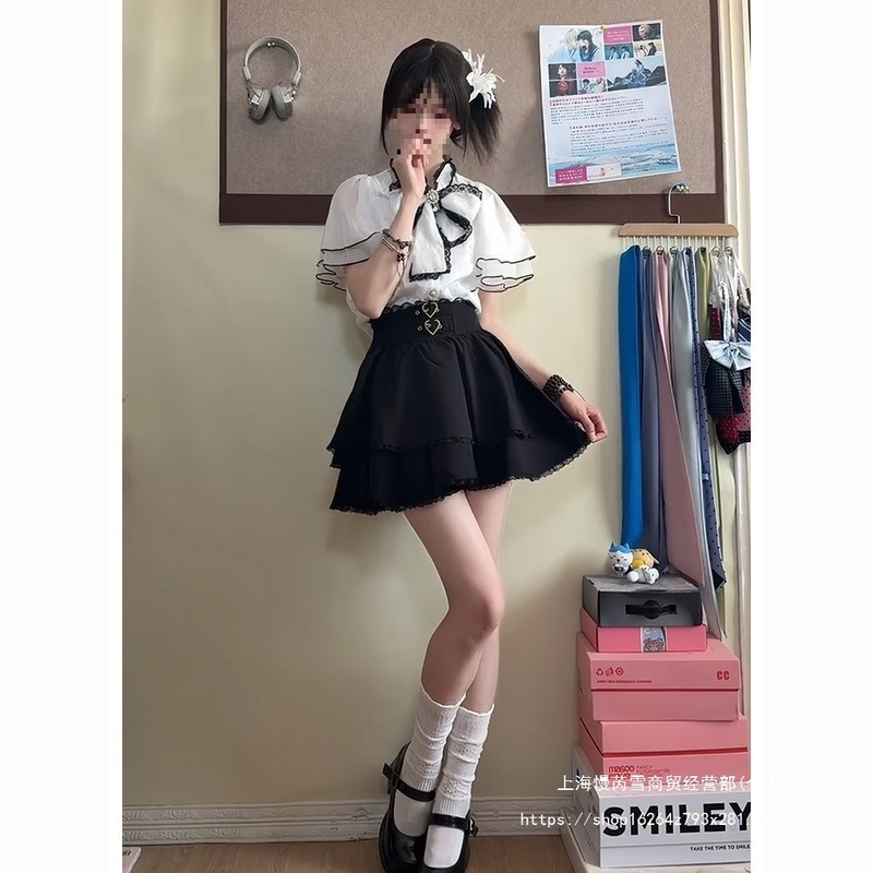 2025 夏 rojita クリア日本甘いリボン気質トップシャツ + ショートスカート 2 ピース女性|undefined