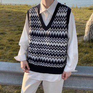 Cross-border Source Retro Knitted Vest Men's Autumn Fashion Brand Loose V-neck Vest Waistcoat All-match Sleeveless Sweater Fashion