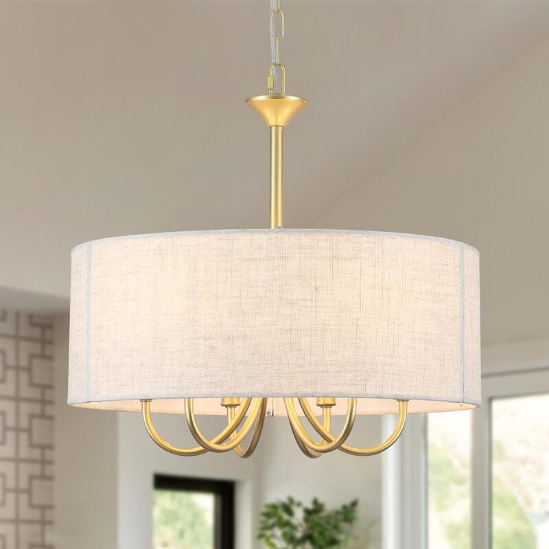Cross-Border Modern Farmhouse Drum Pendant Light Gold Chandelier Fixture for Dining Room Living Room Kitchen Island