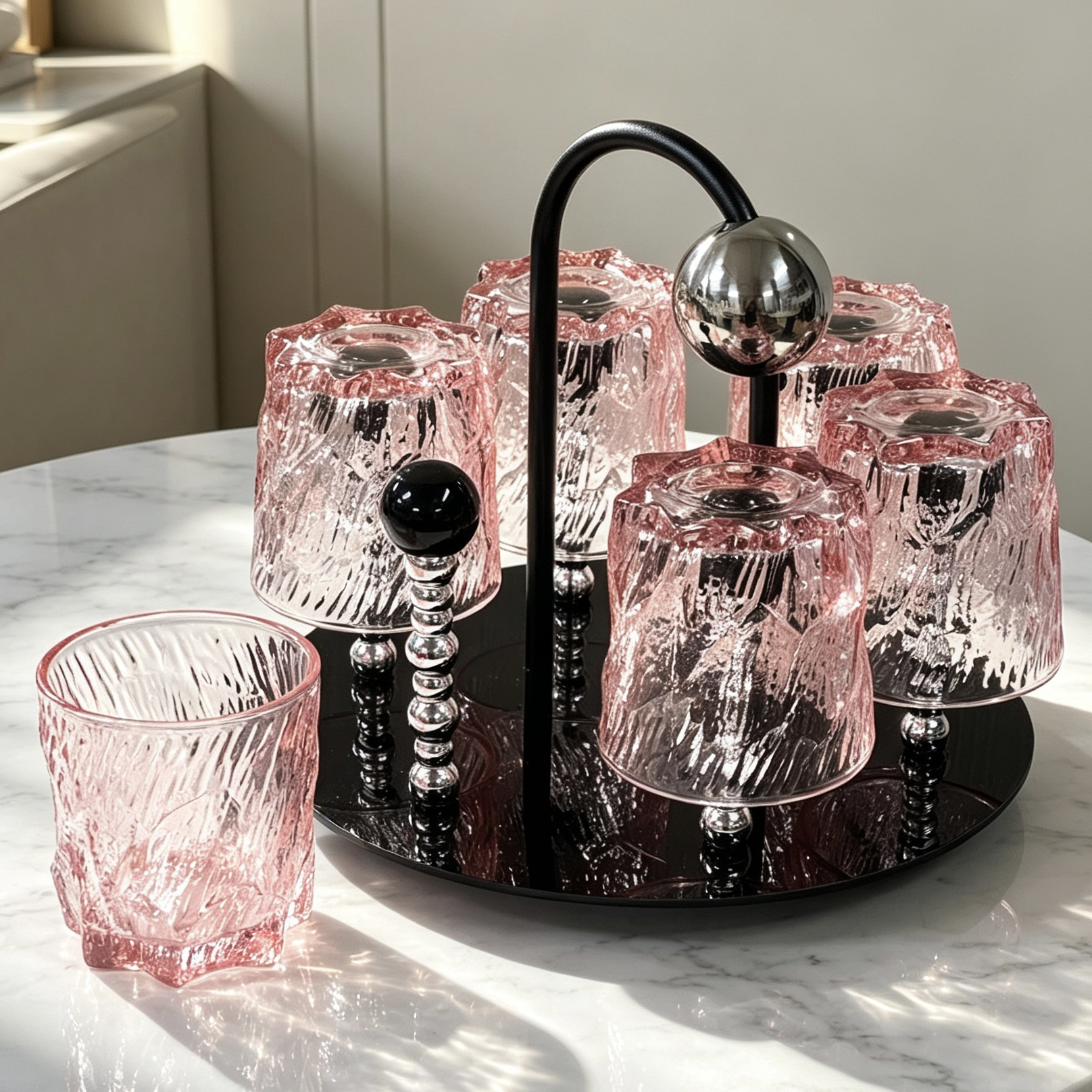 New high-end pink frosted glass water cup with swirl pattern for home use, with a rotating storage and drainage cup rack