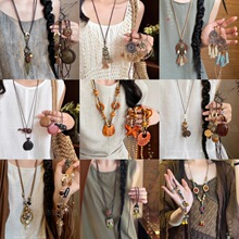 新中式禅意古铜羽毛项链女波西米亚民族风双层叠戴长款毛衣链配饰