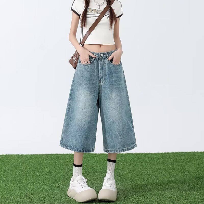American Wide Leg Cropped Jeans Women's Summer New Retro Light Color Loose Straight Pants Casual Cycling Shorts