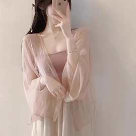 新中式粉色天丝雪纺防晒开衫薄款女吊带裙外搭披肩超仙薄纱罩衫夏