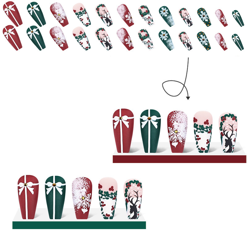 36g Weight Christmas Festival Bow Knot, Snowflake Pattern Sweet Style Christmas Sweet Bow Knot Snowflake Press On Nails 4