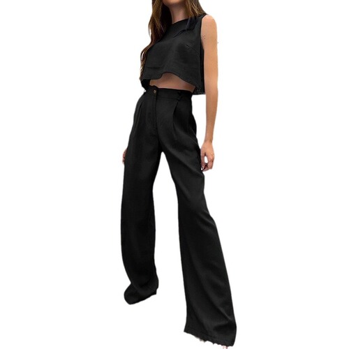Summer Solid Color Crew-Neck Sleeveless Vest Top & Pants: Fashionable Two-Piece European and American Style Women's Outfit