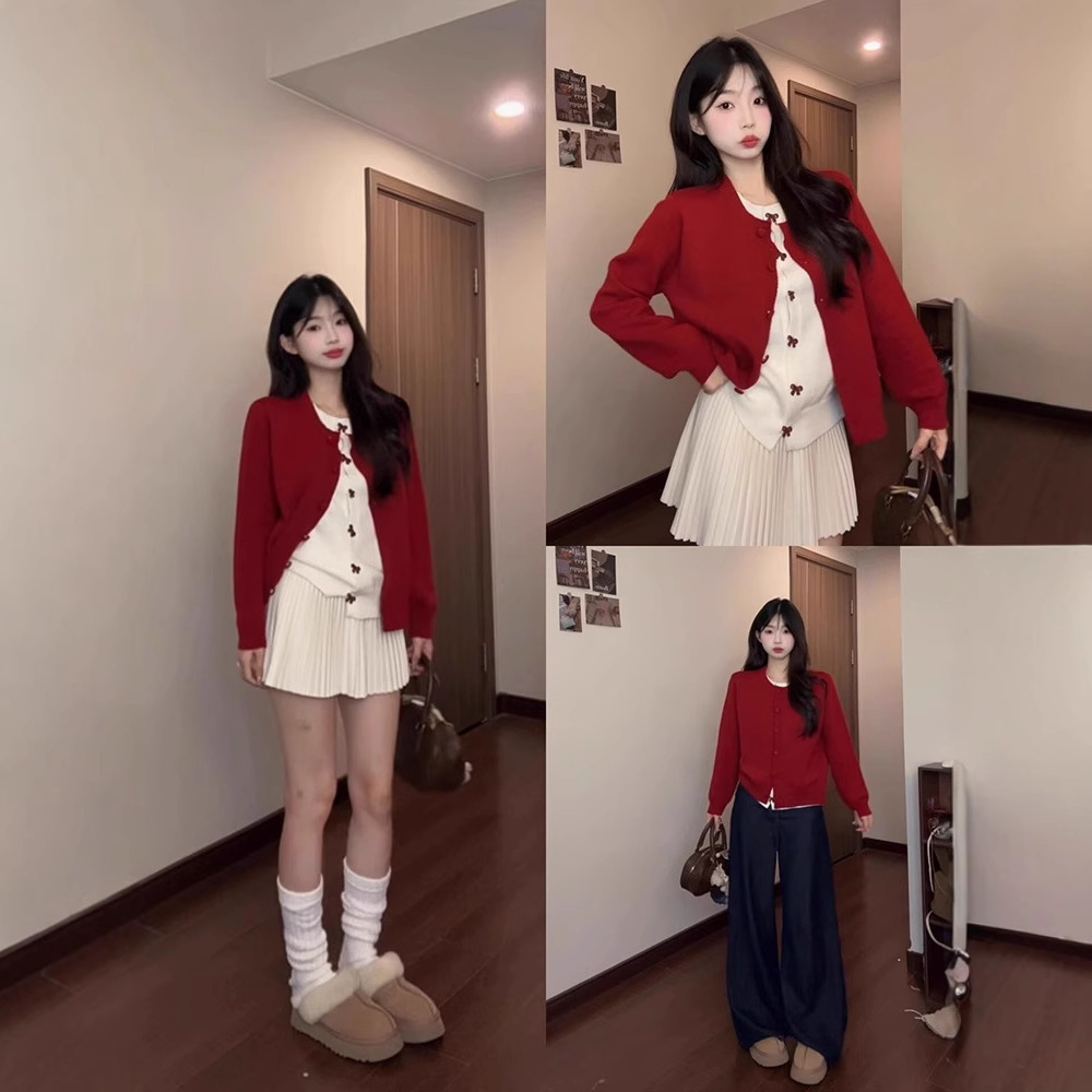 Red Retro Knitted Cardigan Short Coat Winter Lazy Atmosphere Christmas Sweater Wearing Top Inner Winter