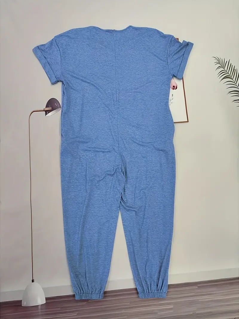 V neck Jumpsuit Short Sleeve Length Jumpsuit Ankle Tied Loose Overalls