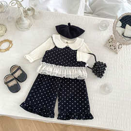 2025新款女童宝宝秋季套装洋气花边裙摆背心长裤+打底衫三件套