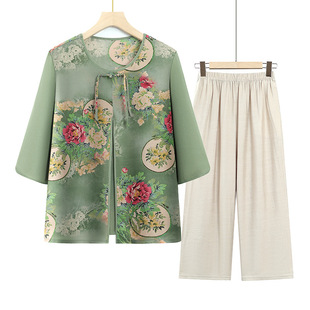 Mom Summer Dress National Style Chiffon Top Middle-aged and Elderly Women's Granny New Loose Fake Two-piece Pullover T-shirt suit