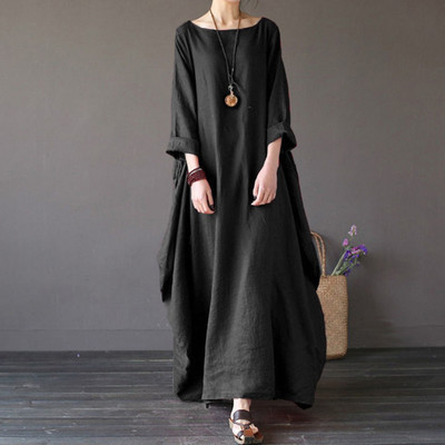 Plus Size Solid Color Loose Cotton And Linen Dress NSYF116835