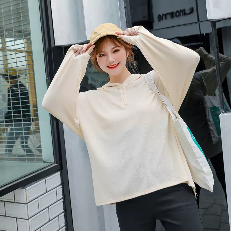 秋季新款大码女装200斤胖mm韩版连帽宽松显瘦长袖t恤010113