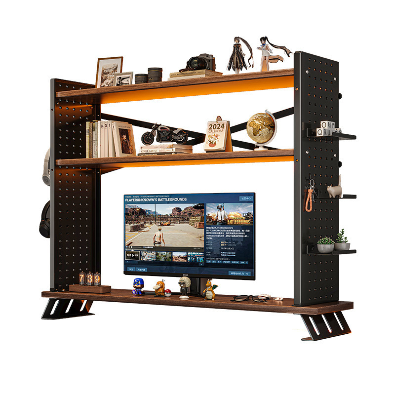 Estante de aumento de pantalla Estante de escritorio para computadora de escritorio Estante de almacenamiento de sala de juegos multifuncional con tablero de agujero de hierro forjado multicapa