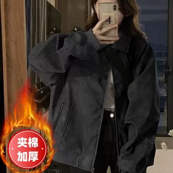 美式小众高级感皮衣外套女秋冬季情侣棉服宽松夹克加厚棉衣棒球服
