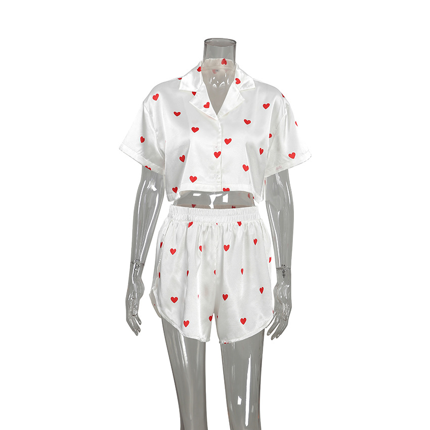210g Weight Short Sleeve Sleeve Length Pajamas Lingerie Type Polyester, Satin Fabric Type Short Top Length Shorts Sets Sets Type 2 Pieces Set Quantity Home, Daily Occasion Turndown Neckline Breathable Function Regular Fit Fit Type Heart Shape Pattern Winter, Summer, Spring Season Women's Gender Sweet Style Home Daily Women's Sweet Heart Shape Polyester Satin Shorts Sets Pajama Sets 无