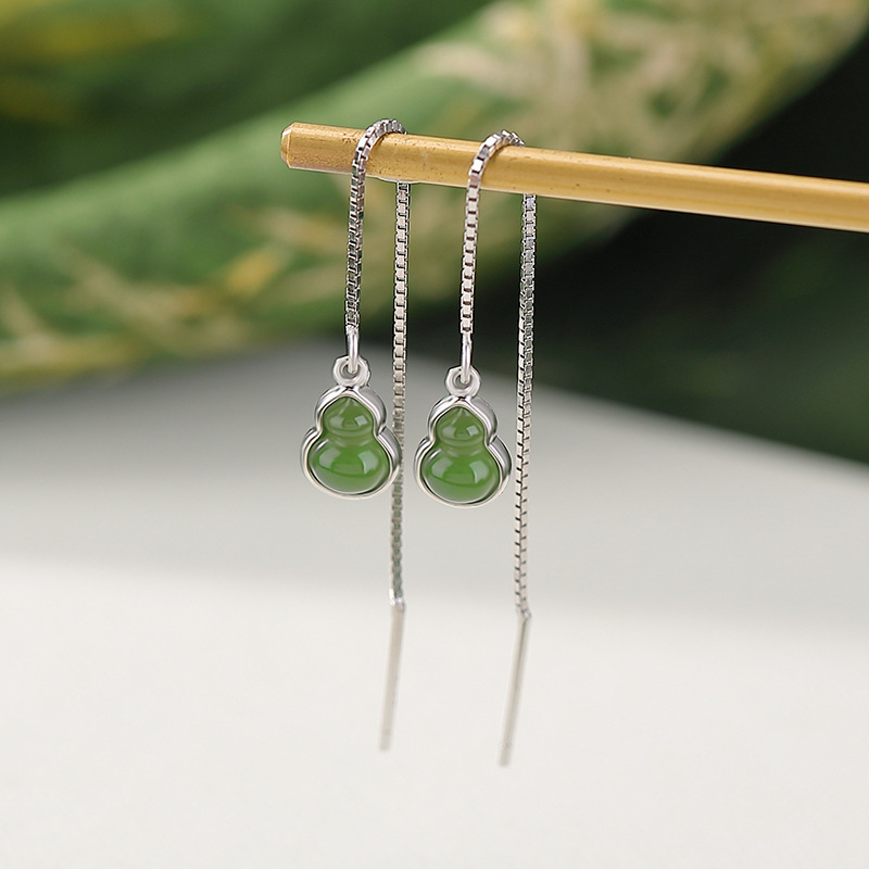 Khuyên tai dài bạc S925 mạ vàng đá Jasper hình bầu Fulu phong cách Trung Hoa — Mẫu bạc
