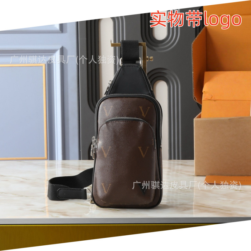 跨境货源新款经典老花男士斜跨胸包时尚百搭真皮黑花棋盘格单肩包|undefined