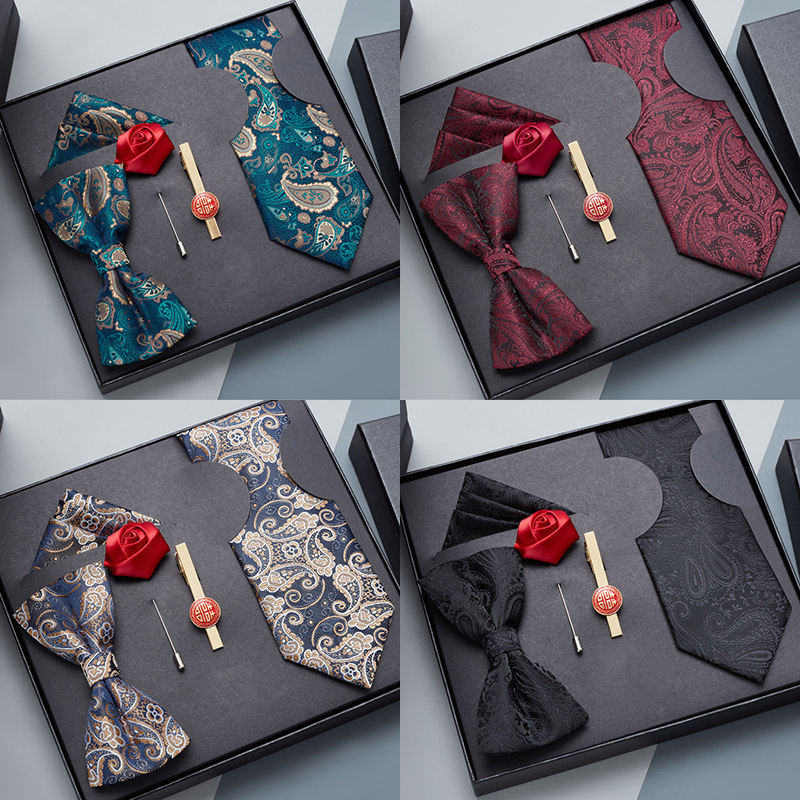 5-Piece Suit with Tie for Men, Formal Business Wedding Groom's Bow Tie, Square Scarf, Tie Clip, No Zipper, Hand-Tied 8cm