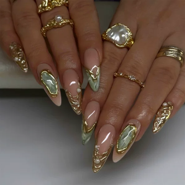 Three-Dimensional Asymmetrical Gilt French Aurora Quicksand Pearls European and American Style Removable Wearable Nails 24 Pieces
