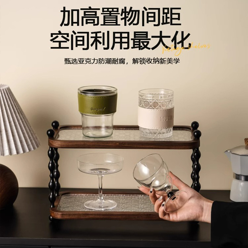中世スタイルのデスクトップカップ無垢材収納ラックハイエンドの軽い高級家庭用カウンタートップ特に見栄えの良い二層収納ラック|undefined