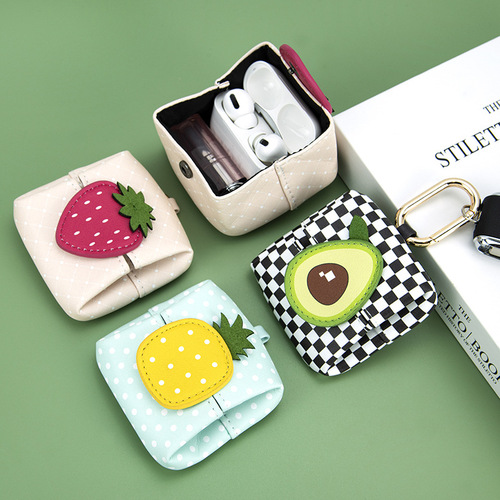 Creative fruit pattern small wallet fresh avocado pineapple girls coin purse wireless headphone bag mini storage