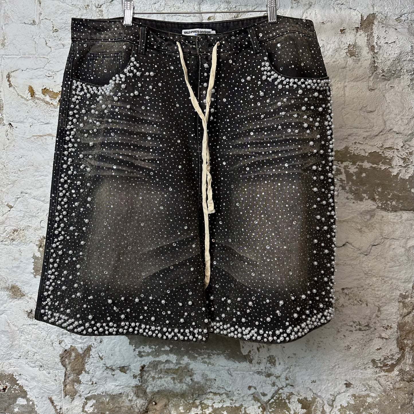 Cross-Border European and American Trendy Brand Valley Street Style Pearl Rhinestone Denim Shorts Men's Heavy-Duty Five-Point Denim Shorts