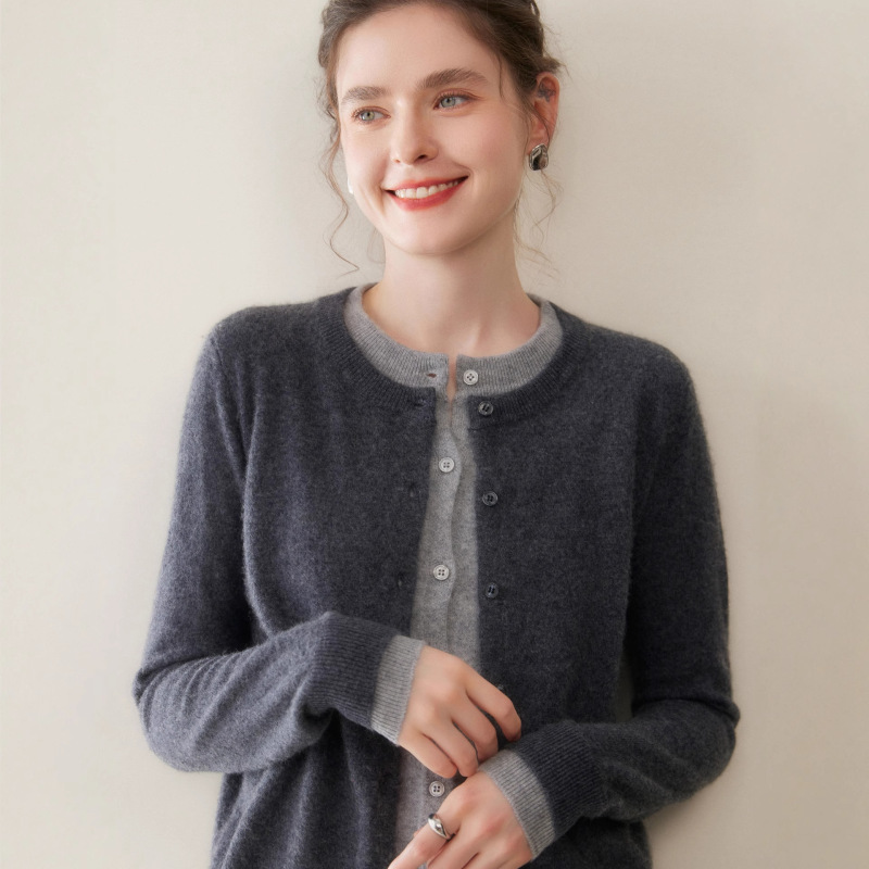 Lazy Style Sweater Jacket Slimming Loose Cashmere Knit Cardigan New Fake Two-Piece Autumn and Winter Women's Top Color Block