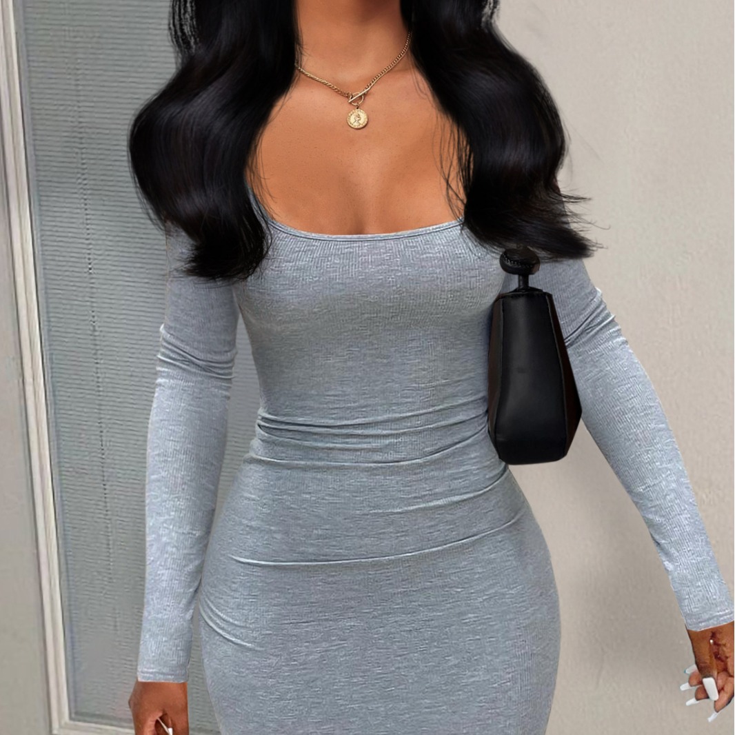 Ready Stock Sales Cross-Border Fashion Pure Color Small Pit Strips Dress Платье Длинно