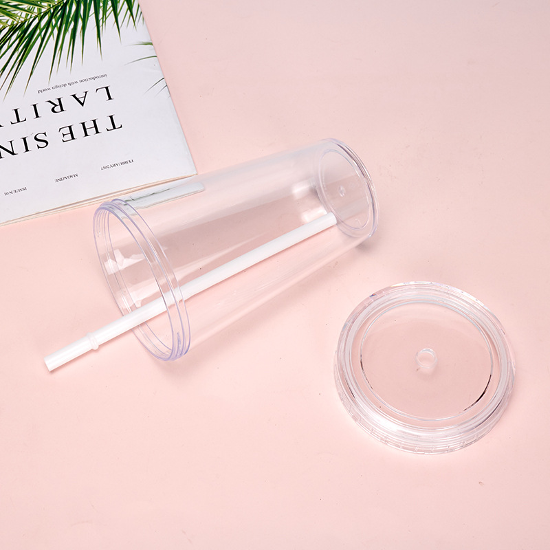 16oz taza de paja fría de verano de gran capacidad de doble capa taza de plástico transparente PS material leche taza de té de regalo de publicidad