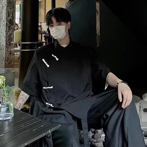 Source manufacturer New Chinese style, national style, men's style, plate button, Tang suit, China style, high-end, Zhongshan suit, Taoist robe, short-sleeved shirt