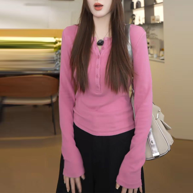 Raspberry Pink Single-Breasted Long-Sleeve T-Shirt for Women, Autumn Layering Inner Wear, 2025 New Style, Slim Fit, Flattering, Versatile Top Raspberry Pink Single-Breasted Long-Sleeve T-Shirt for Women, Autumn Layering Inner Wear, 2025 New Style, Slim Fit, Flattering, Versatile Top