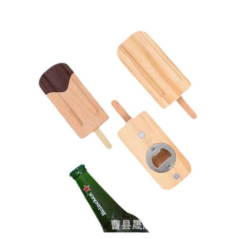 Creativo nuevo abridor de botellas de cerveza de madera forma de helado bebida abridor de botellas de vino de succión magnética etiqueta engomada del refrigerador