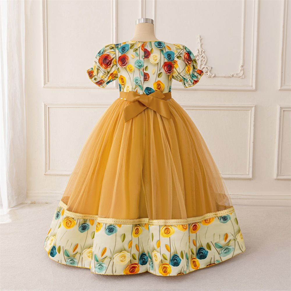 2026 nuevo vestido de princesa para niñas vestido de manga de burbuja vestido de tela impresa vestido de 8 - 12 años vestido de cumpleaños de princesa