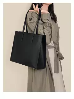 Niche Women's Tote Bag New Large Capacity Briefcase Genuine Leather 14-Inch Laptop Bag Black Cowhide Commuter Bag - Thumbnail 7