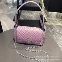 广州高版本彩色紫色格子西太后女包鳄鱼纹链条百搭单肩腋下土星包