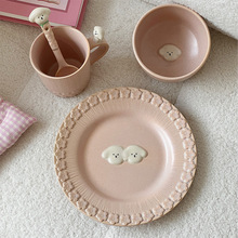 穆尼 ins可爱泰迪小狗浮雕陶瓷餐盘粉色8寸盘子高颜值菜盘碗杯子