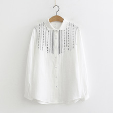 日系文艺小清新刺绣宽松双层棉纱白衬衫女长袖学生打底衫上衣新款