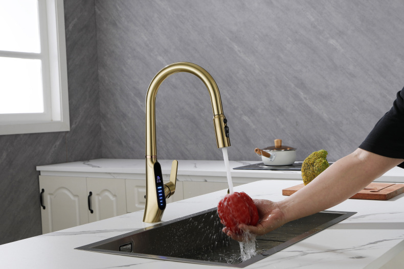 Konishi hydroelectric power digital display kitchen faucet pull-out sink faucet with brushed gold color details Picture